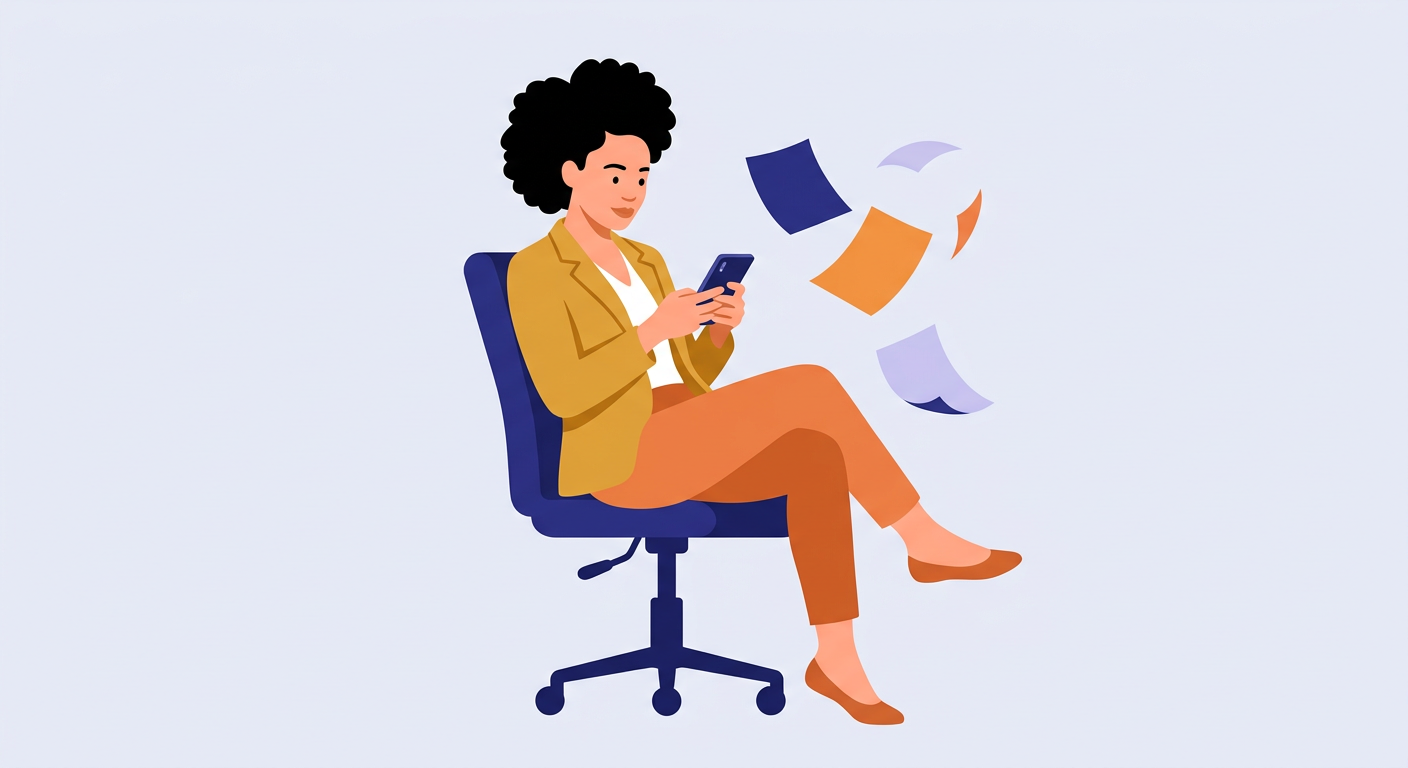Illustration of a young woman sitting on an office chair, reading a phone.