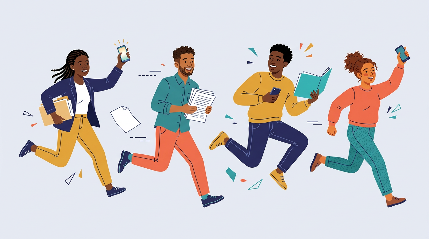Illustration of four young people running forward, holding phones, papers and a folder.